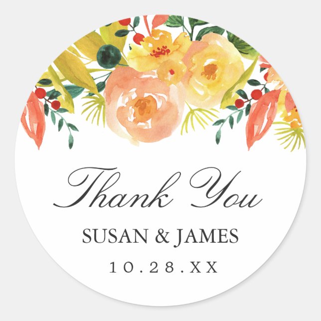 Sticker Rond Aquarelle Automne Pêche Florale Mariage Favoriser (Devant)