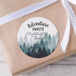 Sticker Rond Aquarelle aventure Baby shower forestier rustique<br><div class="desc">aquarelle peinte forêt rustique "aventure attend" autocollants baby shower. Personnalisable !</div>