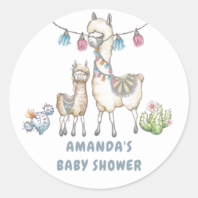 Sticker Rond Aquarelle Baby shower à thème Llama (Devant)