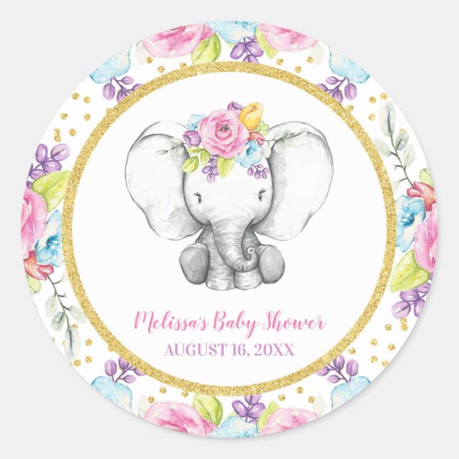 Sticker Rond Aquarelle Baby shower d'éléphants floraux (Devant)