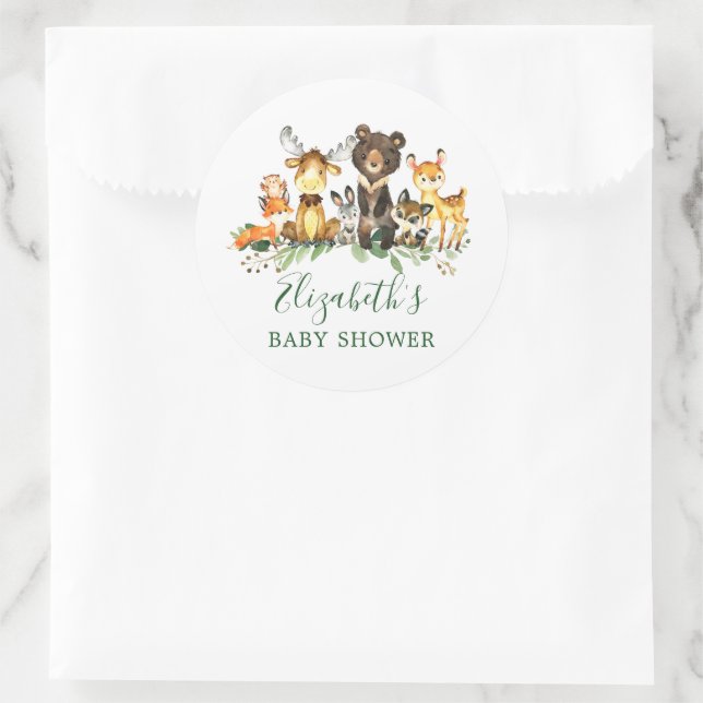 Sticker Rond Aquarelle Baby shower des animaux de bois (Sac)