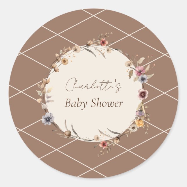 Sticker Rond Aquarelle Baby shower floral beige (Devant)