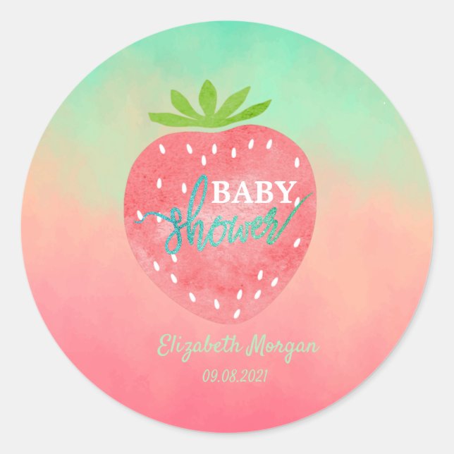 Sticker Rond Aquarelle Baby shower fraise (Devant)