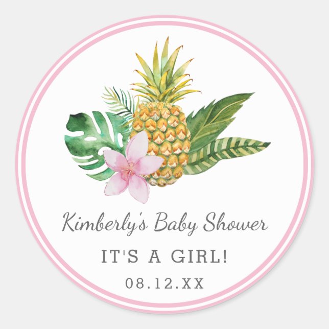 Sticker Rond Aquarelle Baby shower Luau | Rose | (Devant)