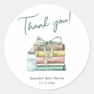 Sticker Rond Aquarelle Baby Shower Nouveau Chapitre Merci