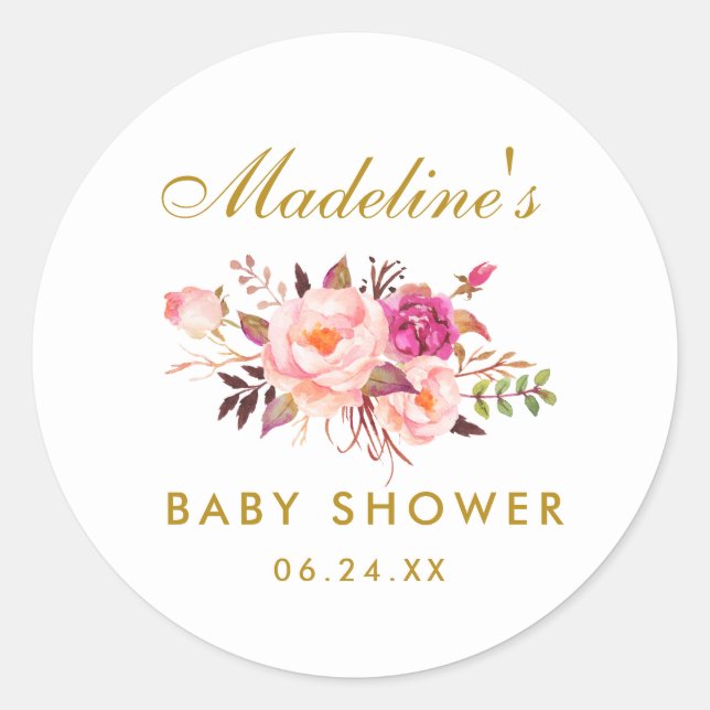 Sticker Rond Aquarelle baby shower or rose Blush Floral (Devant)