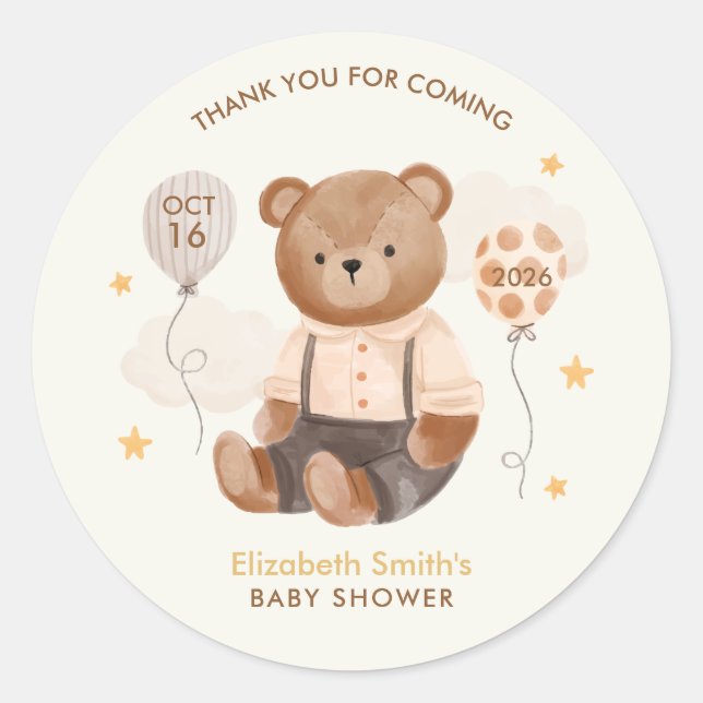 Sticker Rond Aquarelle Baby shower Ours en Teddy (Devant)