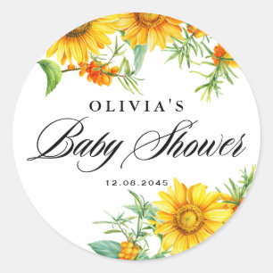 Sticker Rond Aquarelle Baby Shower Tournesol et Argousier
