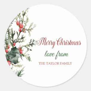 Sticker Rond Aquarelle Baies de Houx Verdure