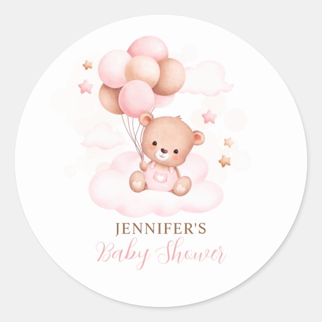 Sticker Rond Aquarelle Ballotte rose Baby shower Ours en peluch (Devant)