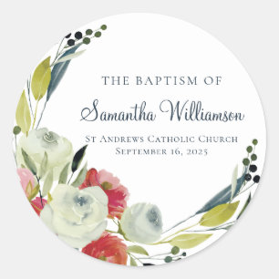 Sticker Rond Aquarelle Baptême Floral
