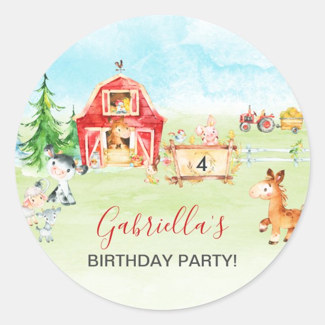 Sticker Rond Aquarelle Barnyard et animaux de ferme Anniversair (Devant)