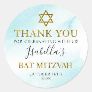 Sticker Rond Aquarelle bat mitzvah Pastel Blue Gold Merci