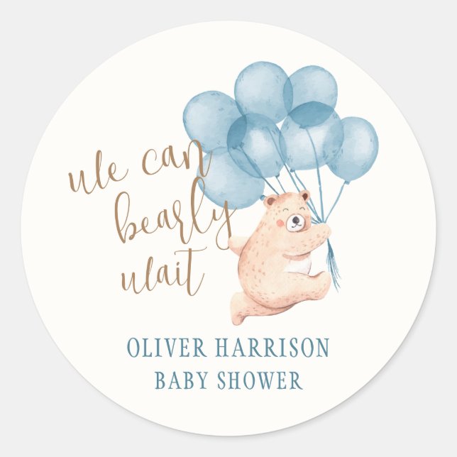 Sticker Rond Aquarelle Bear Blue Balloon Baby shower (Devant)