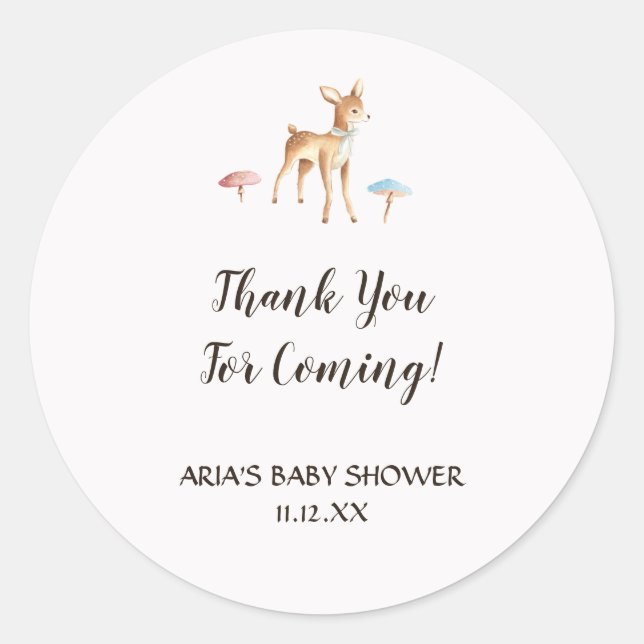 Sticker Rond Aquarelle Bébé Cerf Champignons Baby shower Favori (Devant)
