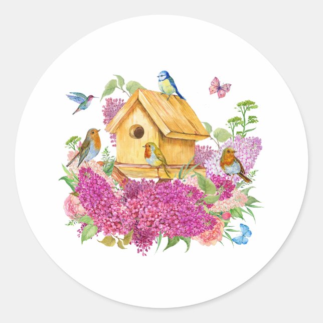 Sticker Rond Aquarelle Birdhouse, Oiseaux et Fleurs Lilac (Devant)