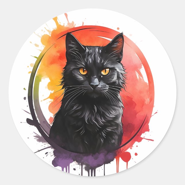 Sticker Rond Aquarelle Black Chat Splatter Art Portrait (Devant)
