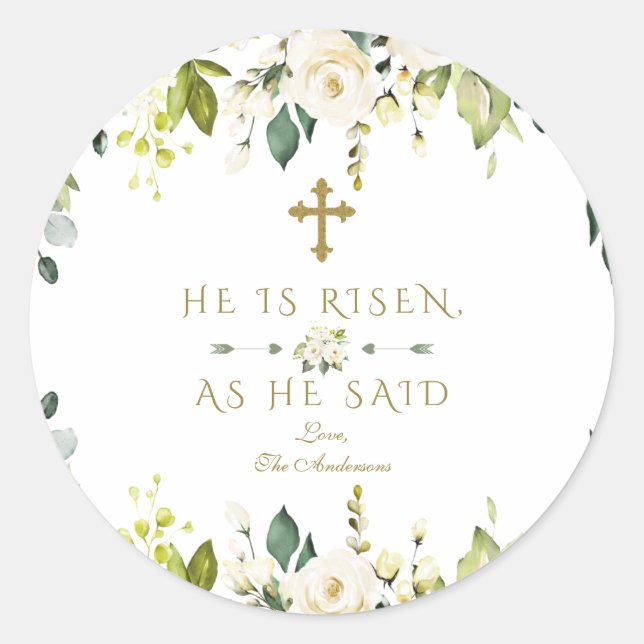 Sticker Rond Aquarelle Blanc Floral Il Est Ressuscité Or Pâques (Devant)