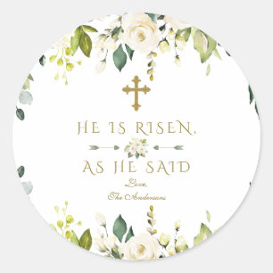 Sticker Rond Aquarelle Blanc Floral Il Est Ressuscité Or Pâques