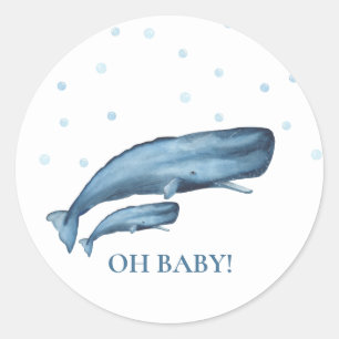 Sticker Rond Aquarelle Bleu baleines et bulles Baby shower Océa