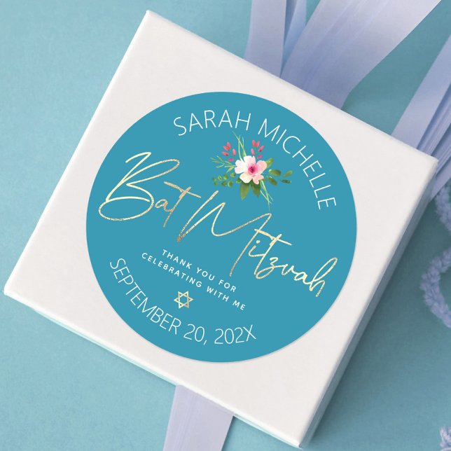 Sticker Rond Aquarelle bleu Bat mitzvah Floral Gold Script (Créateur téléchargé)