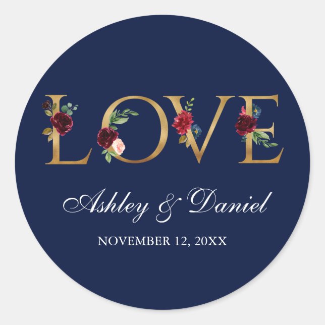 Sticker Rond Aquarelle Bleu Bourgogne Floral Gold Mariage (Devant)