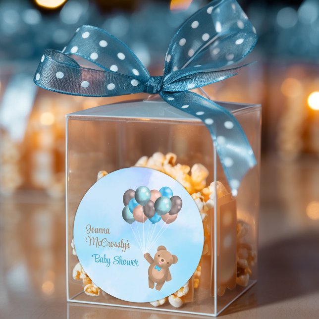 Sticker Rond Aquarelle Bleu Brown Ballons Baby shower d'ours (Créateur téléchargé)