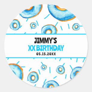Sticker Rond Aquarelle Bleu et Blanc Cute Garçon Donut Annivers