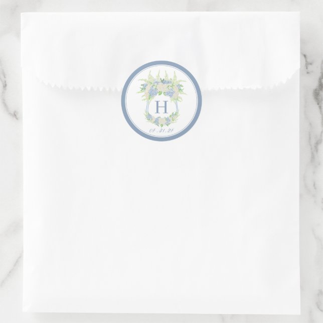 Sticker Rond Aquarelle Bleu et Blanc Hydrangea Crest (Sac)