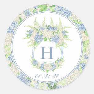 Sticker Rond Aquarelle Bleu et Blanc Hydrangea Crest