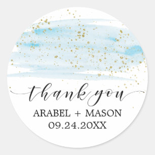 Sticker Rond Aquarelle Bleu et Or Éperche Mariage Favoriser