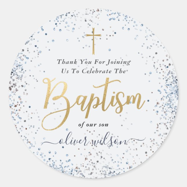 Sticker Rond Aquarelle Bleu Et Or Merci Baptême Garçon (Devant)