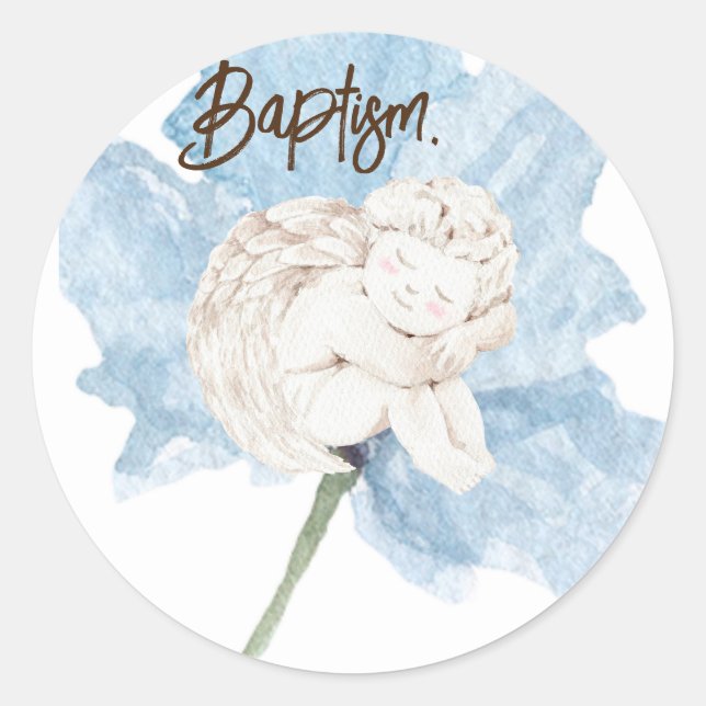 Sticker Rond Aquarelle bleu Floral Blanc Enfant Angel Baptême (Devant)
