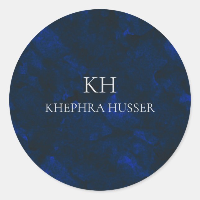 Sticker Rond Aquarelle bleu foncé Nom du monogramme (Devant)