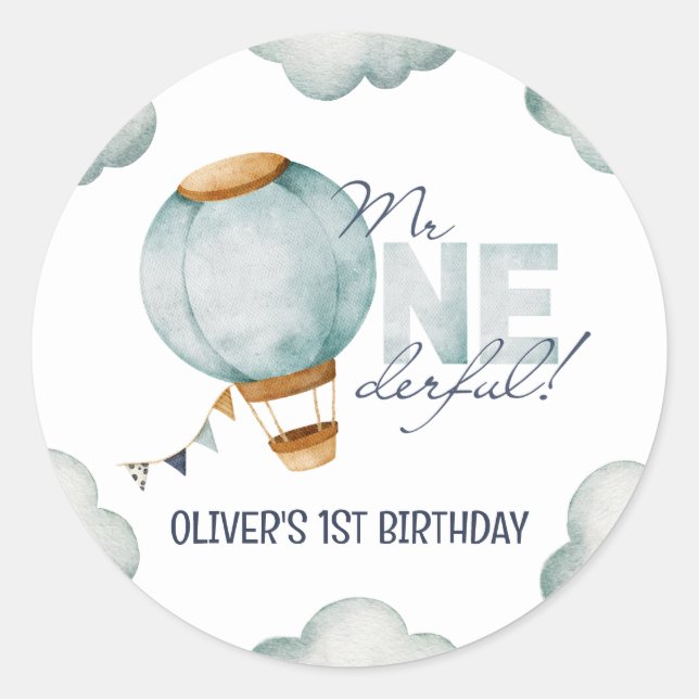 Sticker Rond Aquarelle Bleu Hot Air Balloon M. ONEderful Boy (Devant)