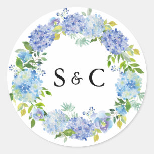 Sticker Rond Aquarelle Bleu Hydrangée Mariage de couronne Monog