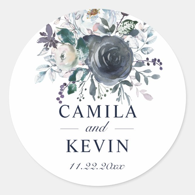 Sticker Rond Aquarelle bleu marine Floral Mariage Mariage (Devant)