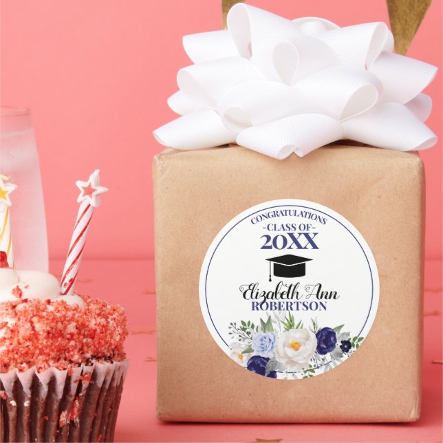 Sticker Rond Aquarelle bleu marine Graduation florale (Fête)