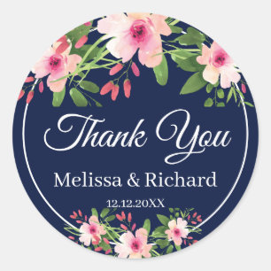 Sticker Rond Aquarelle bleu marine Merci Mariage floral