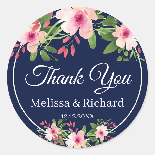 Sticker Rond Aquarelle bleu marine Merci Mariage floral (Devant)