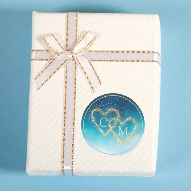 Sticker Rond Aquarelle Bleu Océan Vagues Avec Mariage Monogramm (Créateur téléchargé)