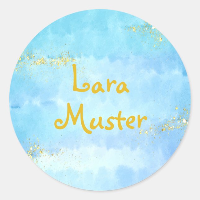 Sticker Rond Aquarelle - bleu - Paillettes dorées (Devant)