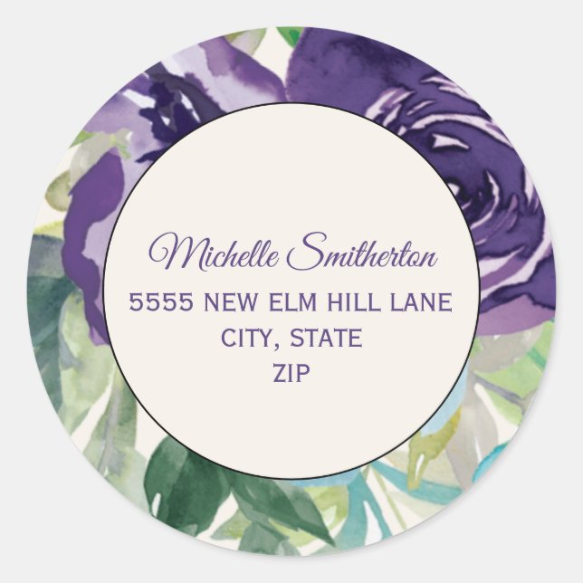 Sticker Rond Aquarelle bleu pourpre Adresse florale (Devant)