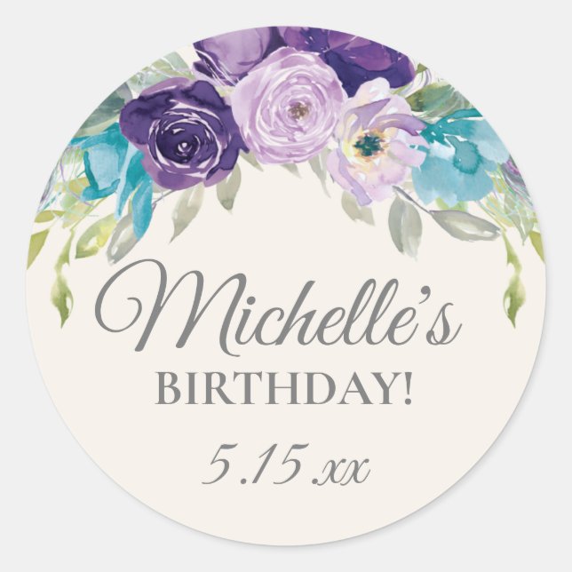 Sticker Rond Aquarelle bleu pourpre Floral fête d'anniversaire (Devant)