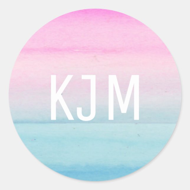 Sticker Rond Aquarelle bleu rose Ombre | Monogramme (Devant)