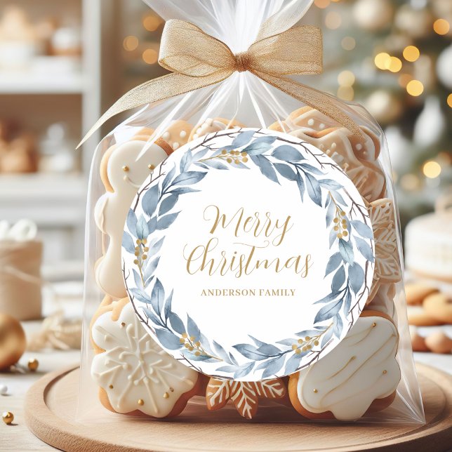 Sticker Rond Aquarelle bleu rustique Noël personnalisé (Créateur téléchargé)