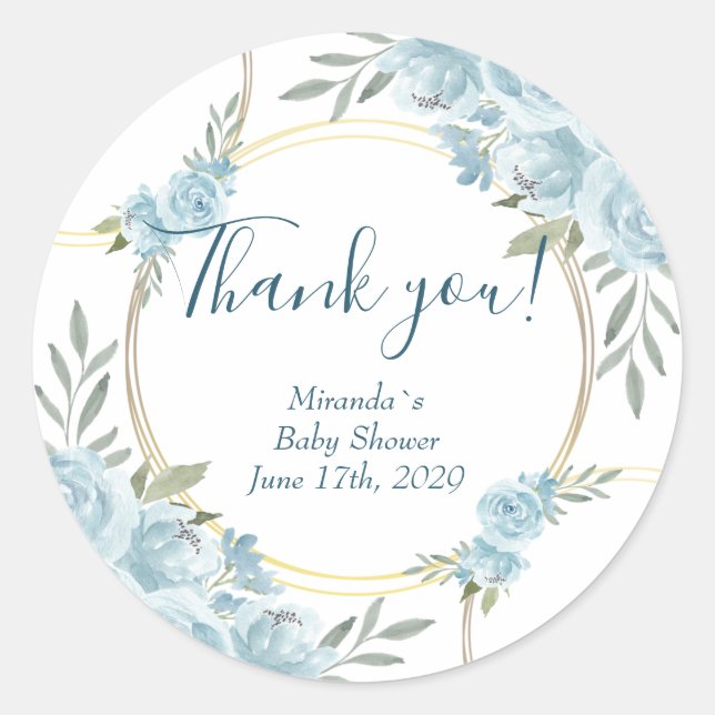 Sticker Rond Aquarelle bleu simple Baby shower floral classique (Devant)