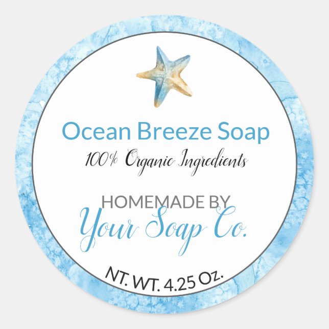 Sticker Rond Aquarelle bleu Starfish Plage savon artisanal (Devant)