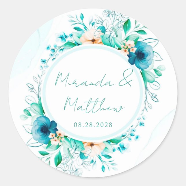 Sticker Rond Aquarelle bleu turquoise Floral Mariage géométriqu (Devant)