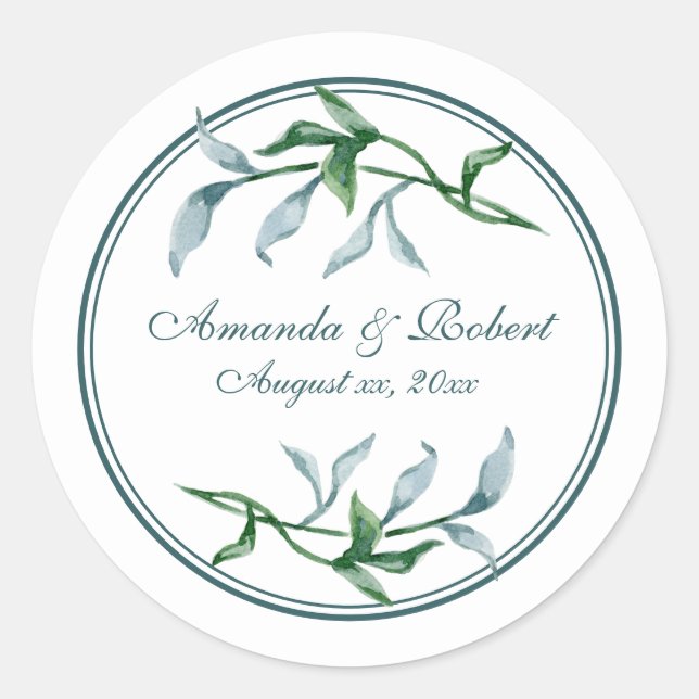 Sticker Rond Aquarelle Bleu Vert Branches Florales Mariage (Devant)